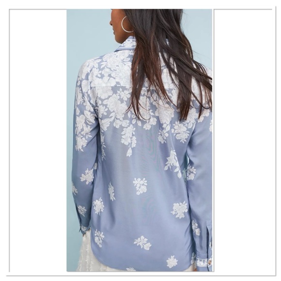 Anthropologie Maeve Rosalee Silk Button Up Front Shirt Floral Blue White Size 4 - Picture 4 of 10